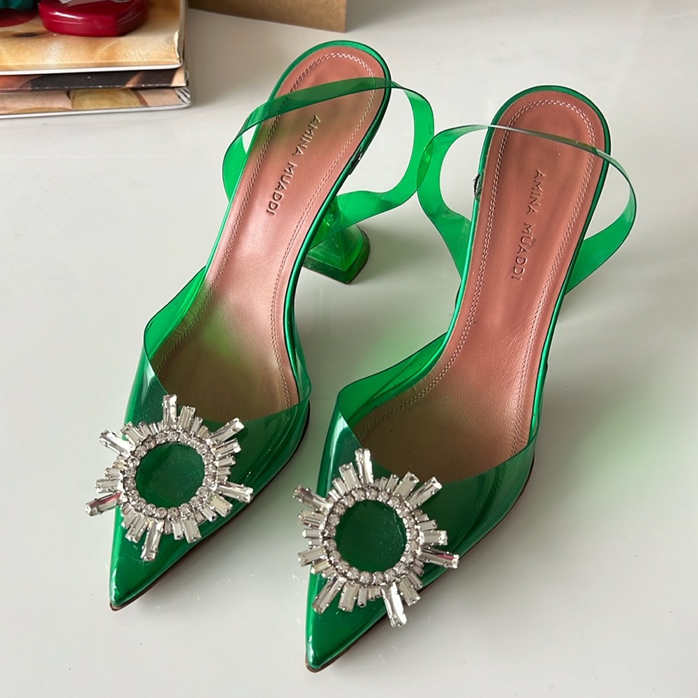 Amina Muaddi Begum “Glass” Slingback Pumps 90 mm 37.5 Emerald Green